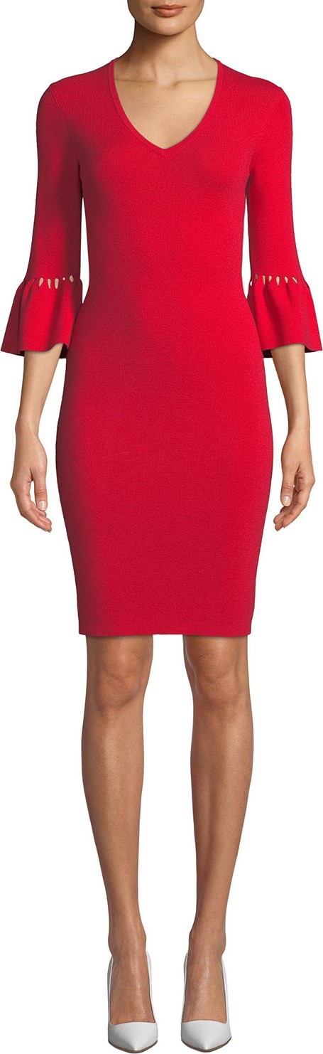 Trina Turk Blues V-Neck Trumpet-Sleeve Knee-Length Dress