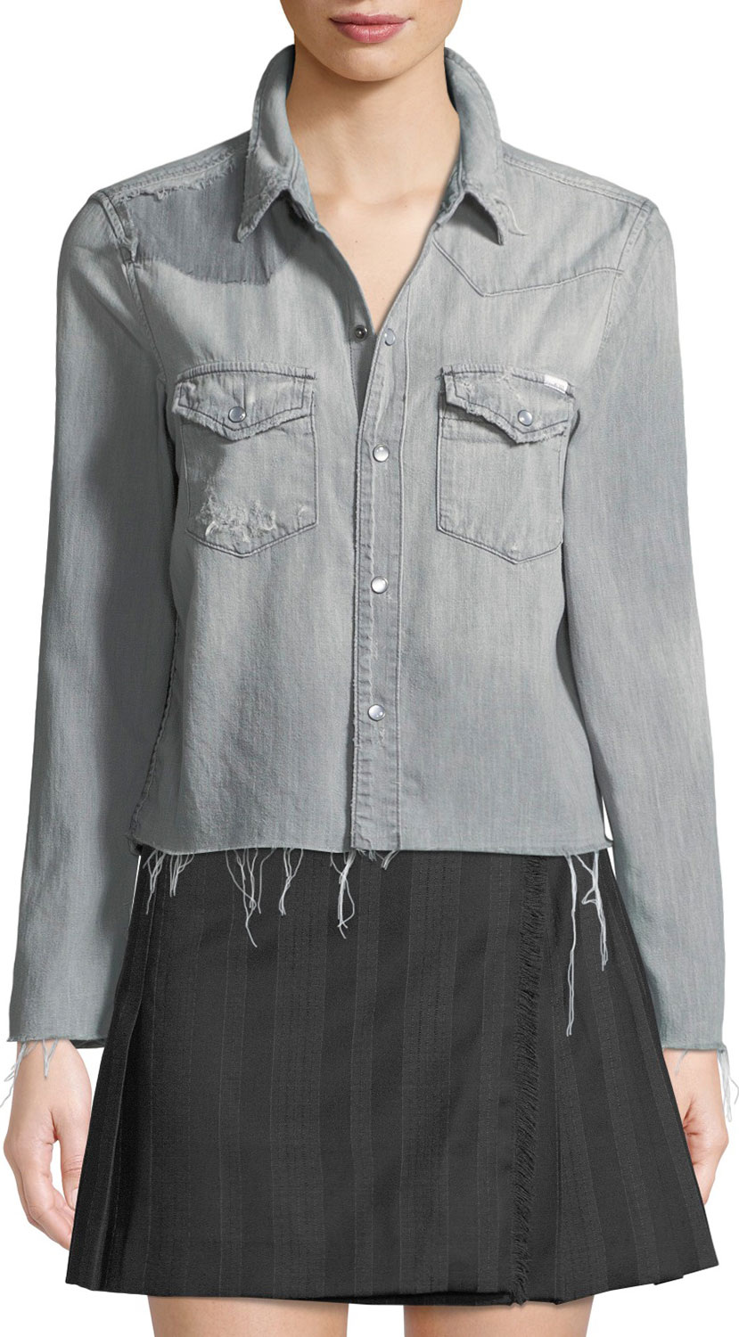 MOTHER Super Exes Cropped Frayed Snap-Front Shirt
