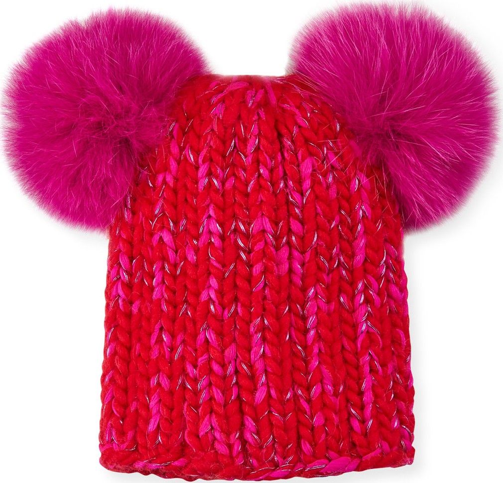 Eugenia Kim Mimi Metallic Knit Beanie Hat w/ Fur Pompoms