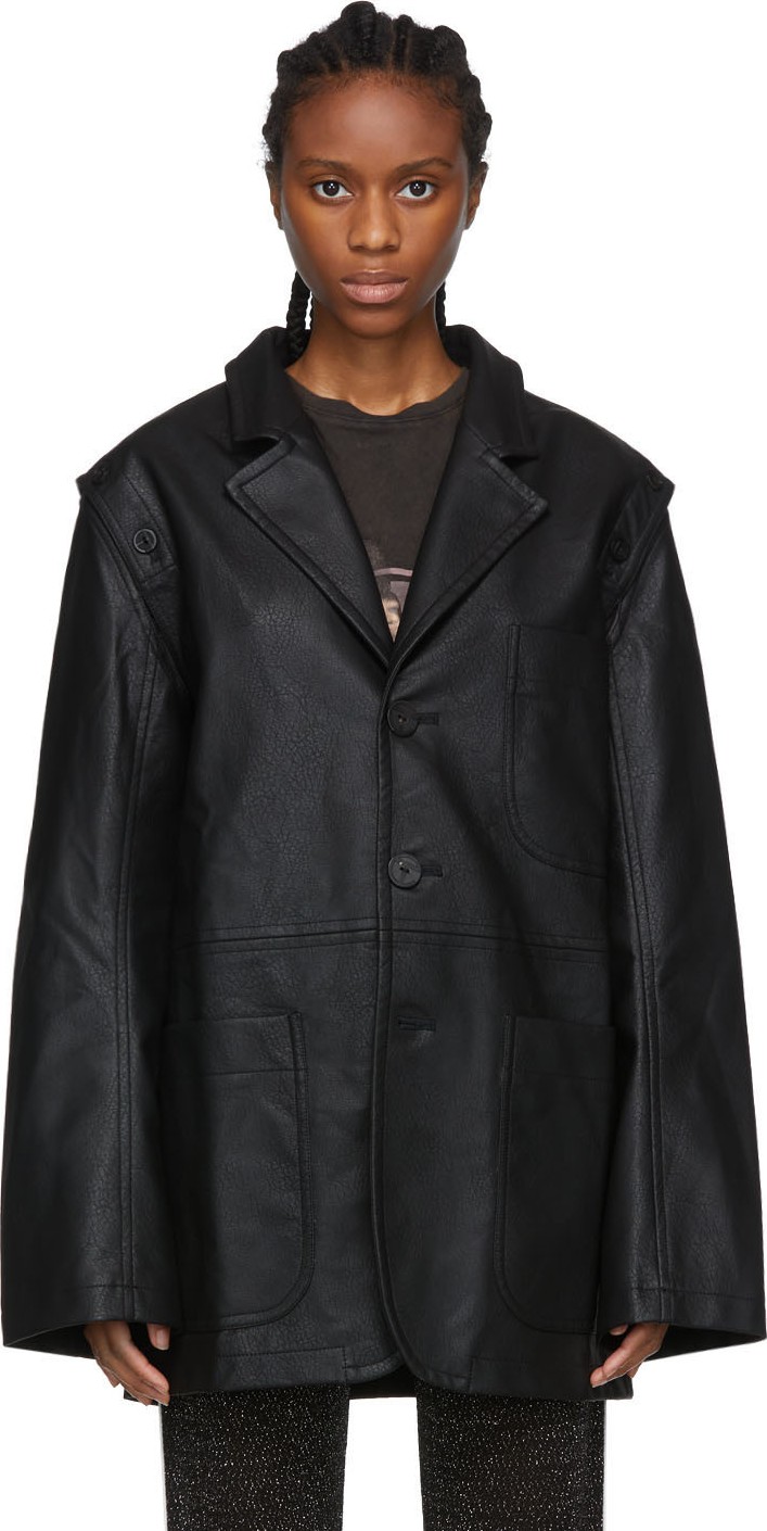 Telfar Black Faux-Leather Detachable Arm Jacket