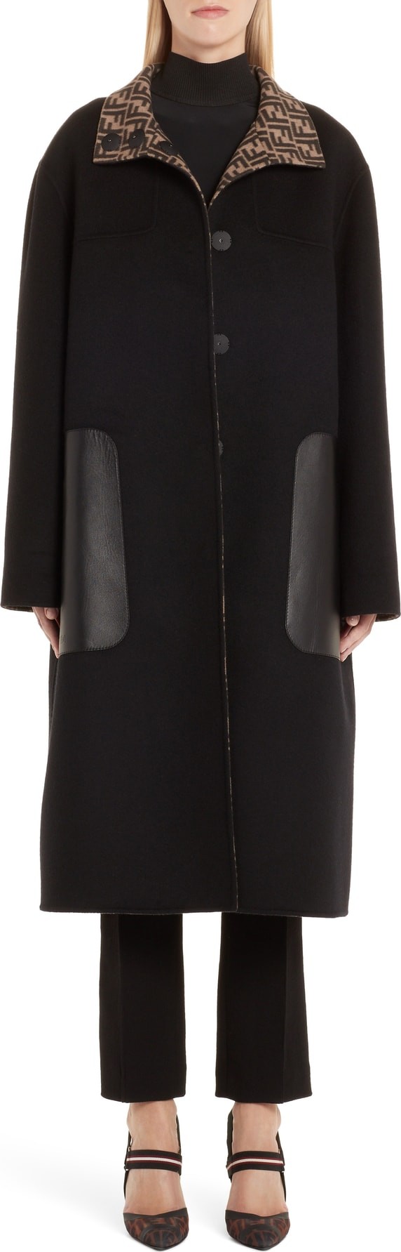 Fendi Leather Pocket Reversible FF Wool & Silk Coat