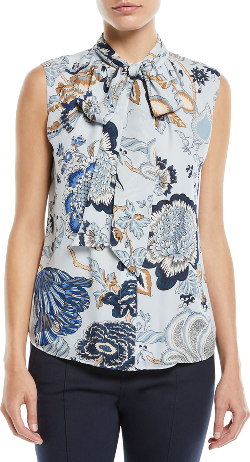 Tory Burch Tie-Neck Floral-Print Silk Top