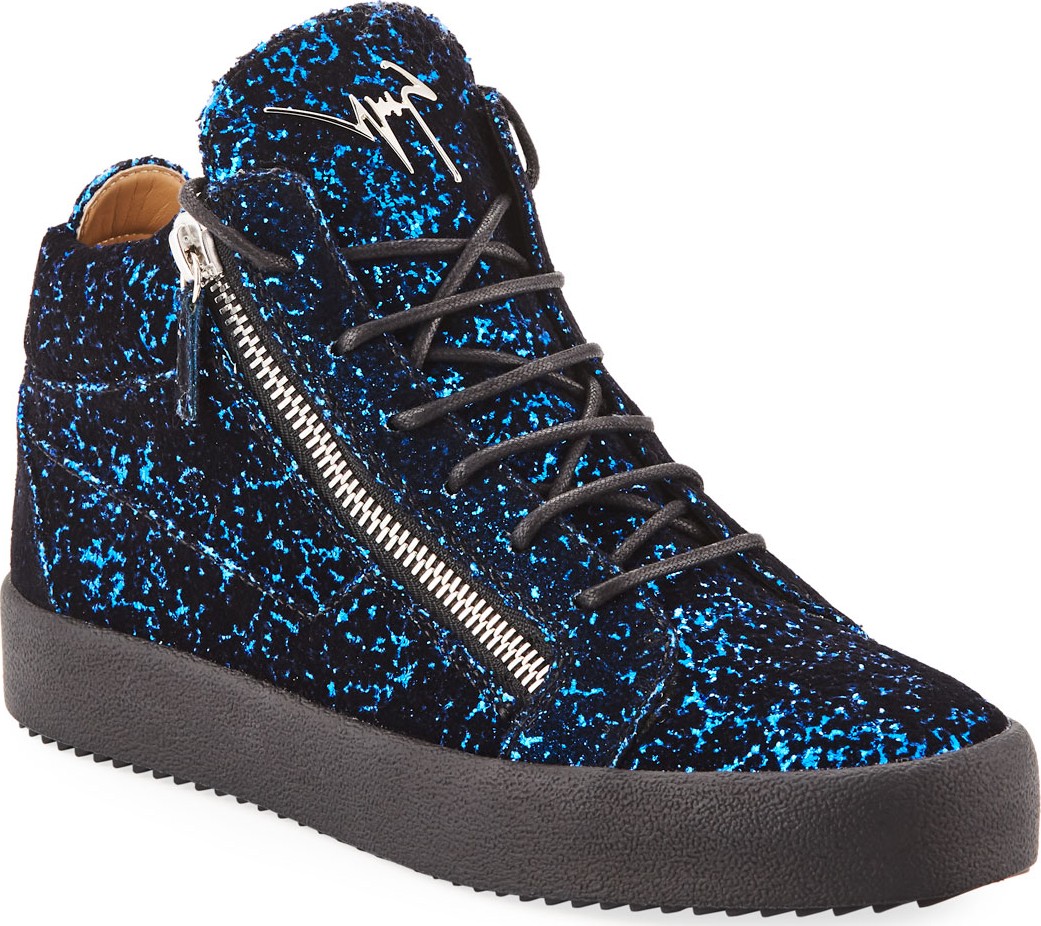 Giuseppe Zanotti Men's Glitter Velvet Mid-Top Sneakers Giuseppe Zanotti Men's Glitter Velvet Mid-Top Sneakers