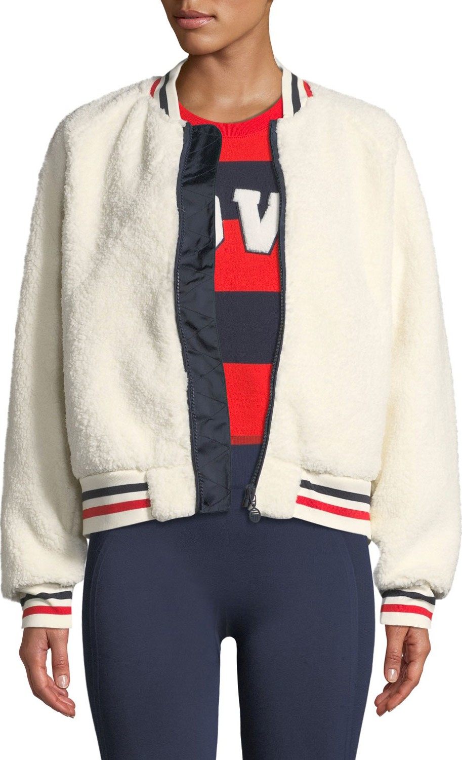 Tory Sport Zip-Front Sherpa Bomber Jacket