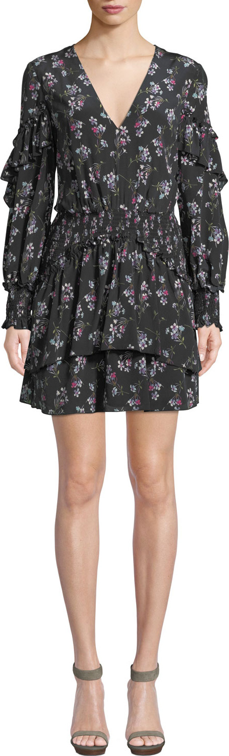 Talulah Chaleur V-Neck Long-Sleeve Floral-Print Silk Mini Dress