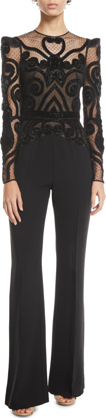 Zuhair Murad Long-Sleeve Lace-Bodice Crepe Cady Flared-Leg Jumpsuit