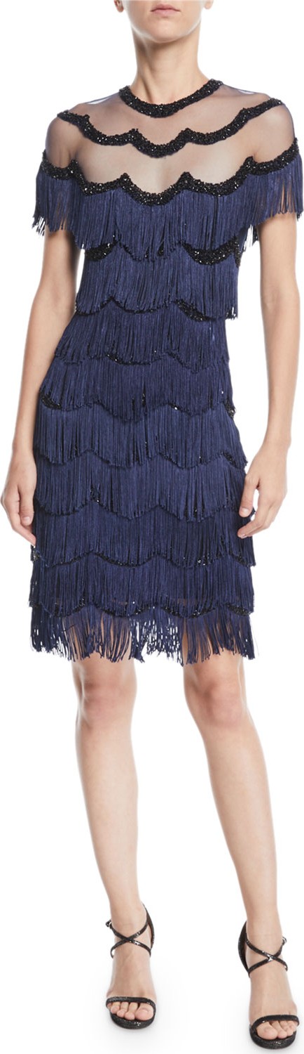 NK32 Naeem Khan Beaded Fringe Dress w/ Sheer Yoke