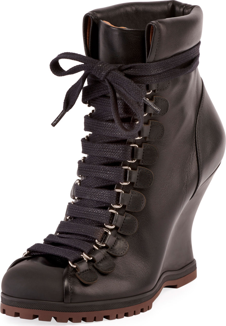 Chloe Leather Lace-Up Wedge Hiker Bootie