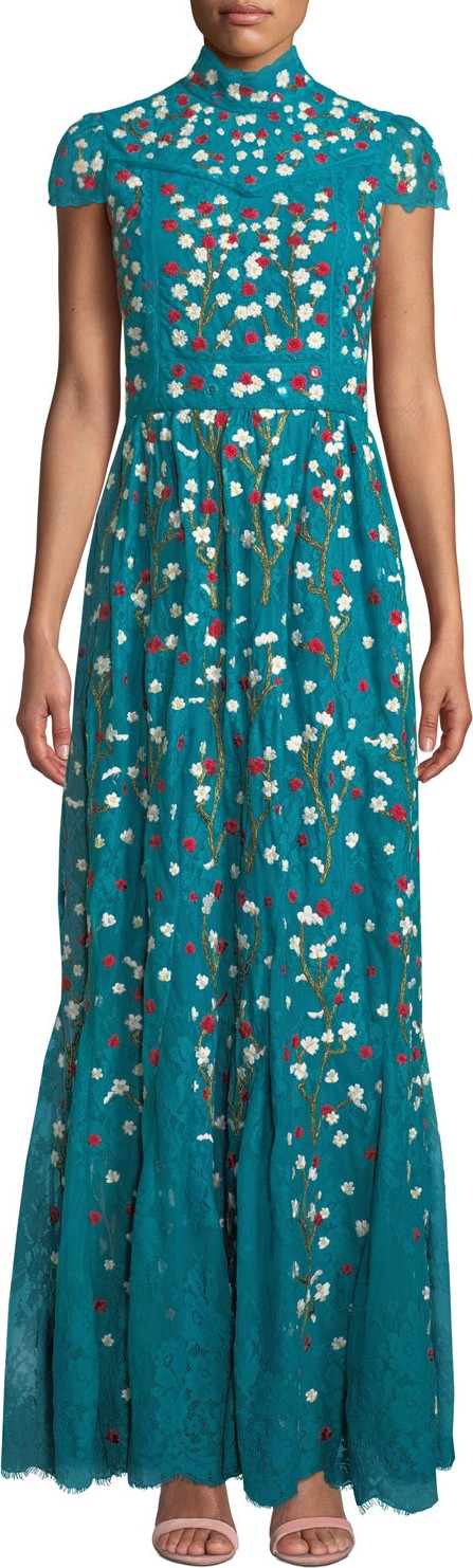 Alice + Olivia Arwen Embroidered Godet Gown