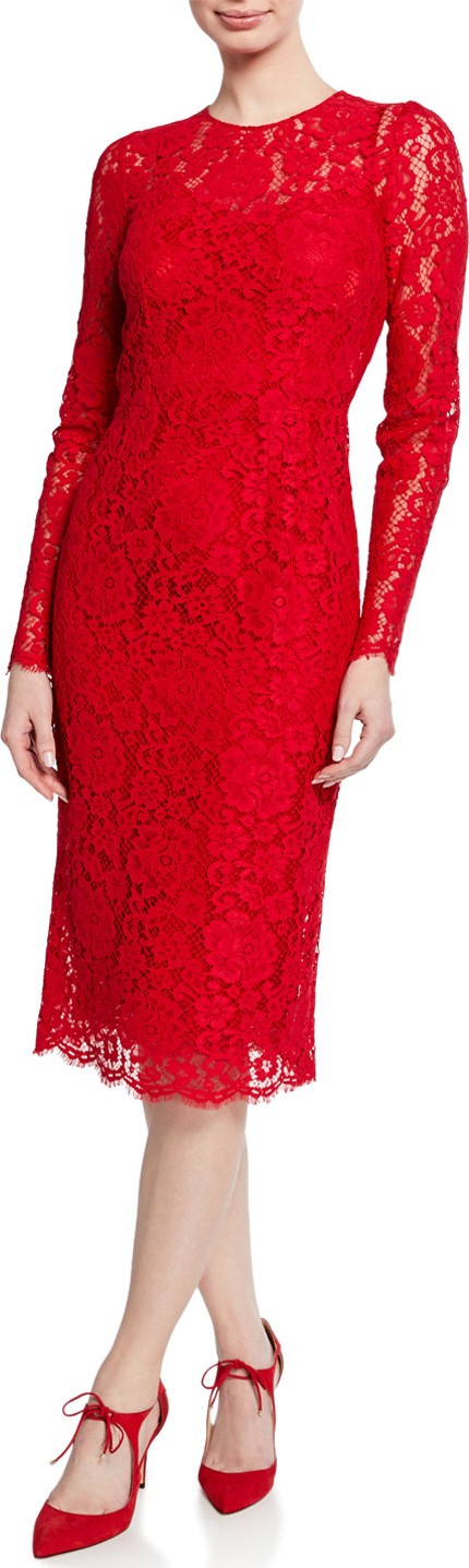 Dolce & Gabbana Long-Sleeve Floral-Lace Midi Dress