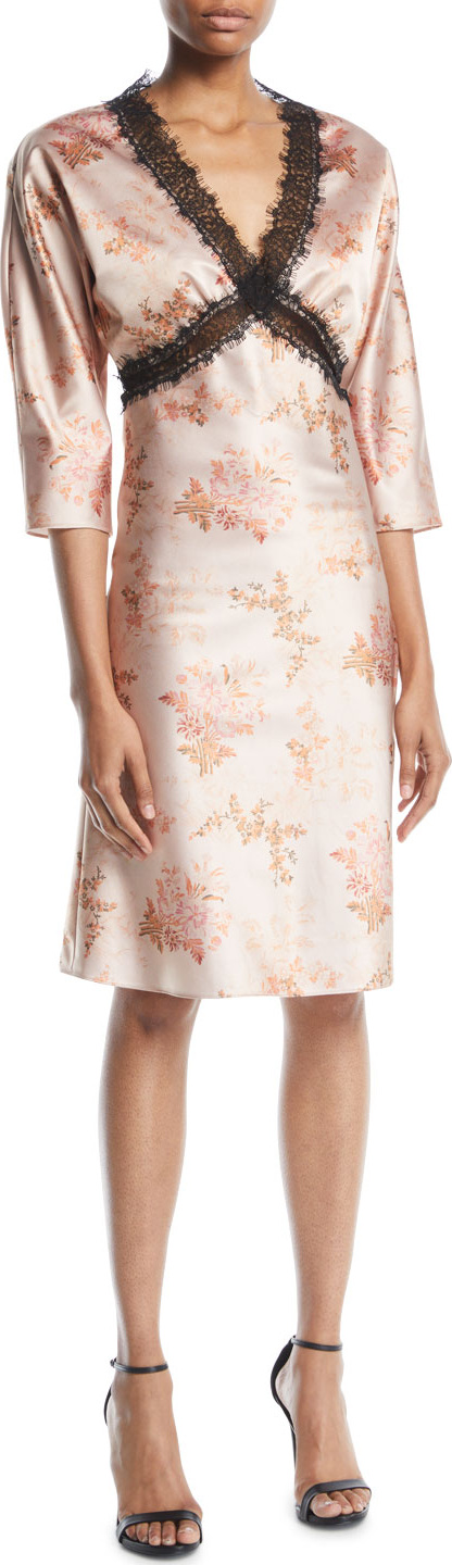 Brock Collection Dharma V-Neck Elbow-Sleeve Floral-Print Satin Dress w/ Lace