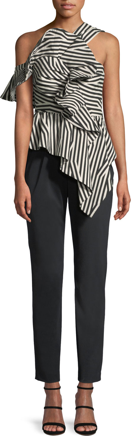 Self Portrait Abstract-Stripe Asymmetric Ruffle Jumpsuit