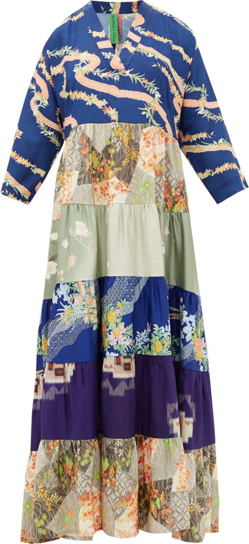 Rianna + Nina Vintage patchwork tiered kimono-style silk dress