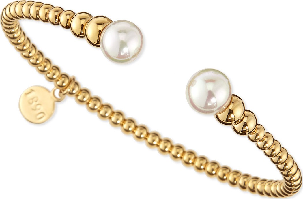 Majorica 18-Karat Gold-Plated Bangle with Logo Charm, 2"Dia