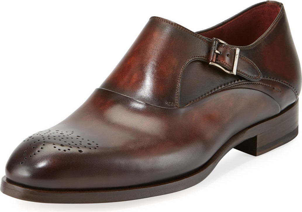 MAGNANNI Leather Medallion-Toe Monk-Strap Shoe