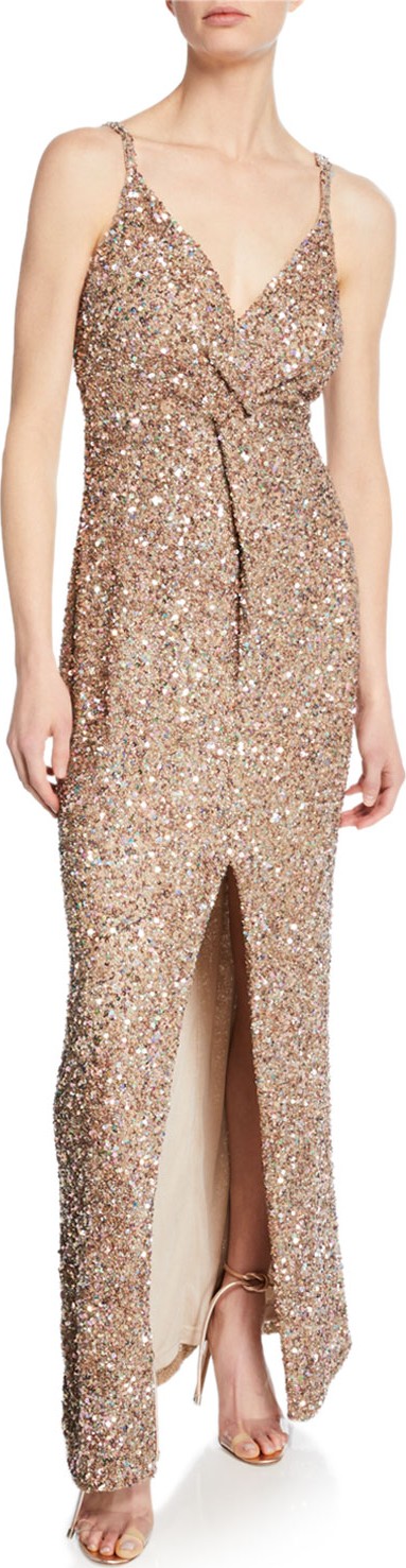 Parker Luna Beaded V-Neck Sleeveless Gown with Front Slit