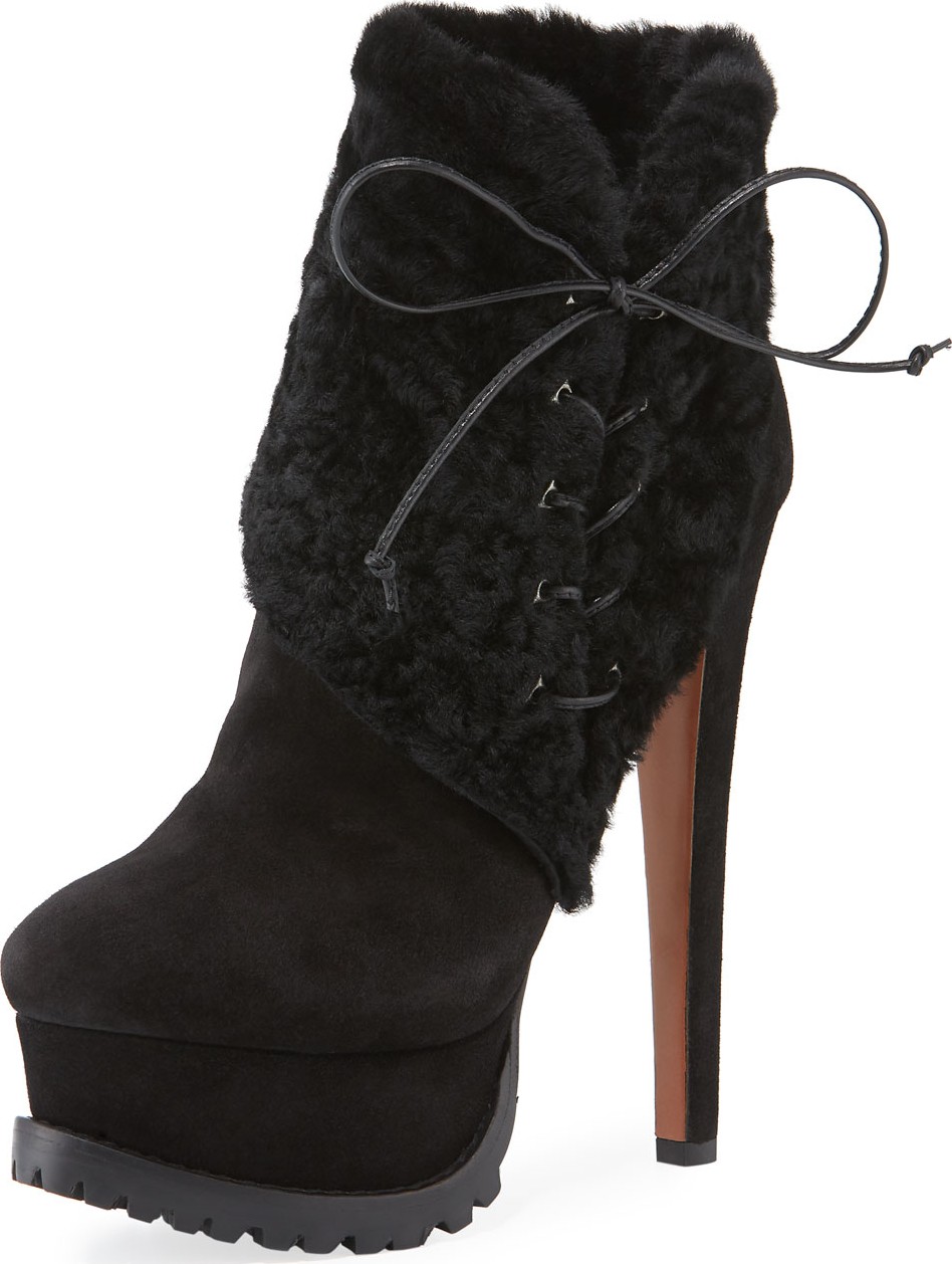 Alaïa Side-Lace Lamb-Fur Platform Booties