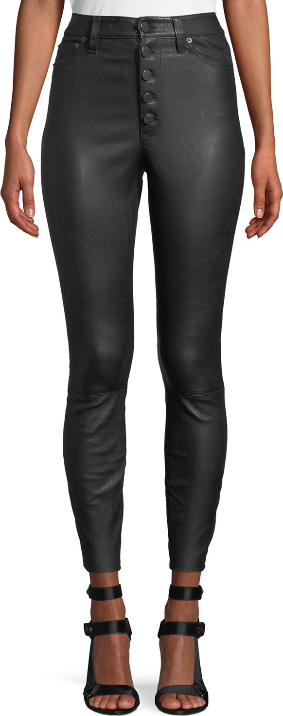 Alice + Olivia Mikah High-Rise Button-Front Leather Skinny Pants