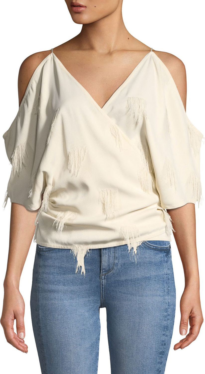 Helmut Lang Cold-Shoulder Fringe Wrap Top