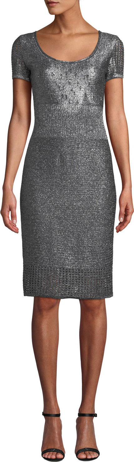 St. John Scoop-Neck Short-Sleeve Metallic-Plaited Body-Con Dress