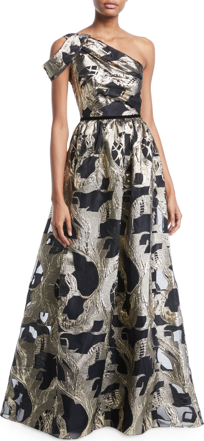 Marchesa Notte One-Shoulder Colorblock Fil-Coupe Gown