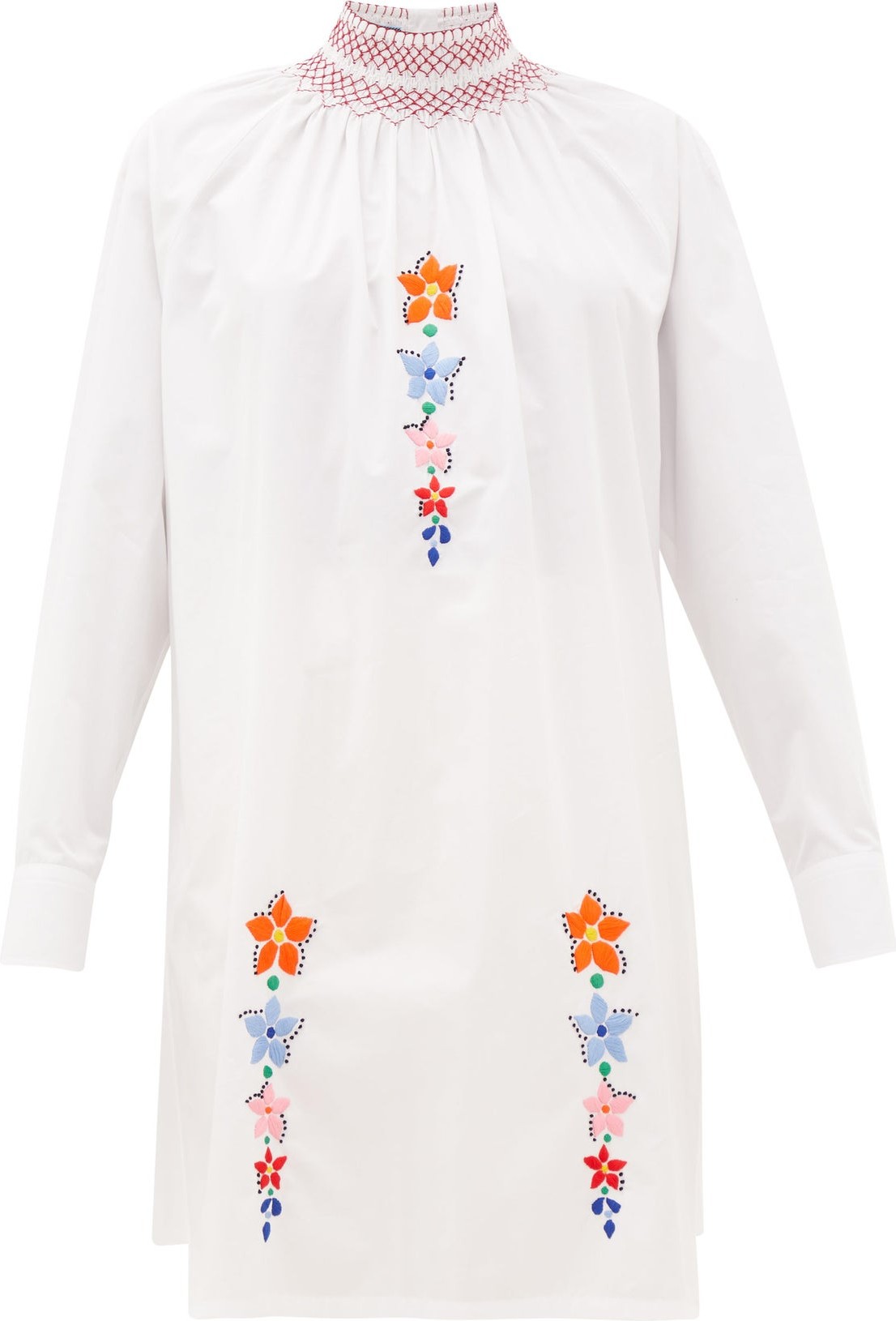 Prada Floral-embroidered cotton-poplin tunic blouse