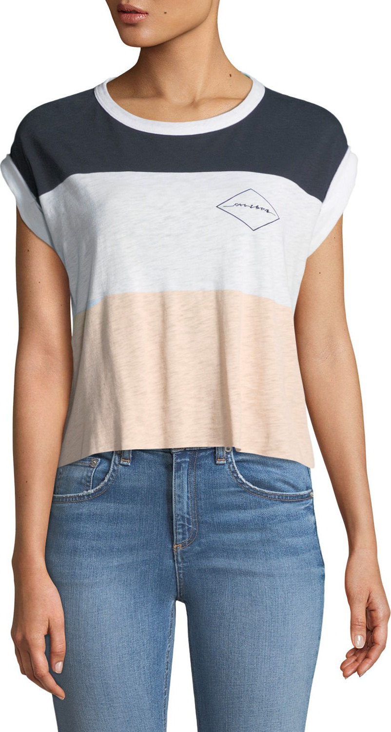 Rag & Bone Percy Crewneck Rolled-Cuff Colorblocked Graphic-Print Tee