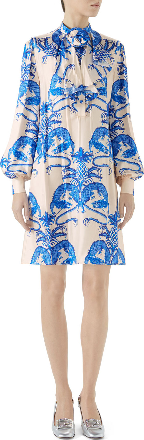 Gucci Dragon-Print Flounce-Neck Twill Dress