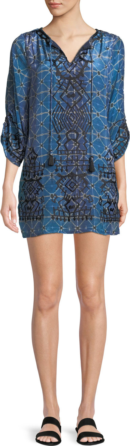 Tolani Kiki Tassel-Neck 3/4-Sleeve Shibori-Print Tunic Dress