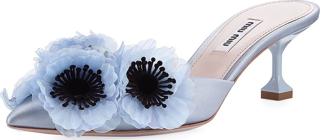 Miu Miu 3D Floral Satin Mule with Jeweled Heel