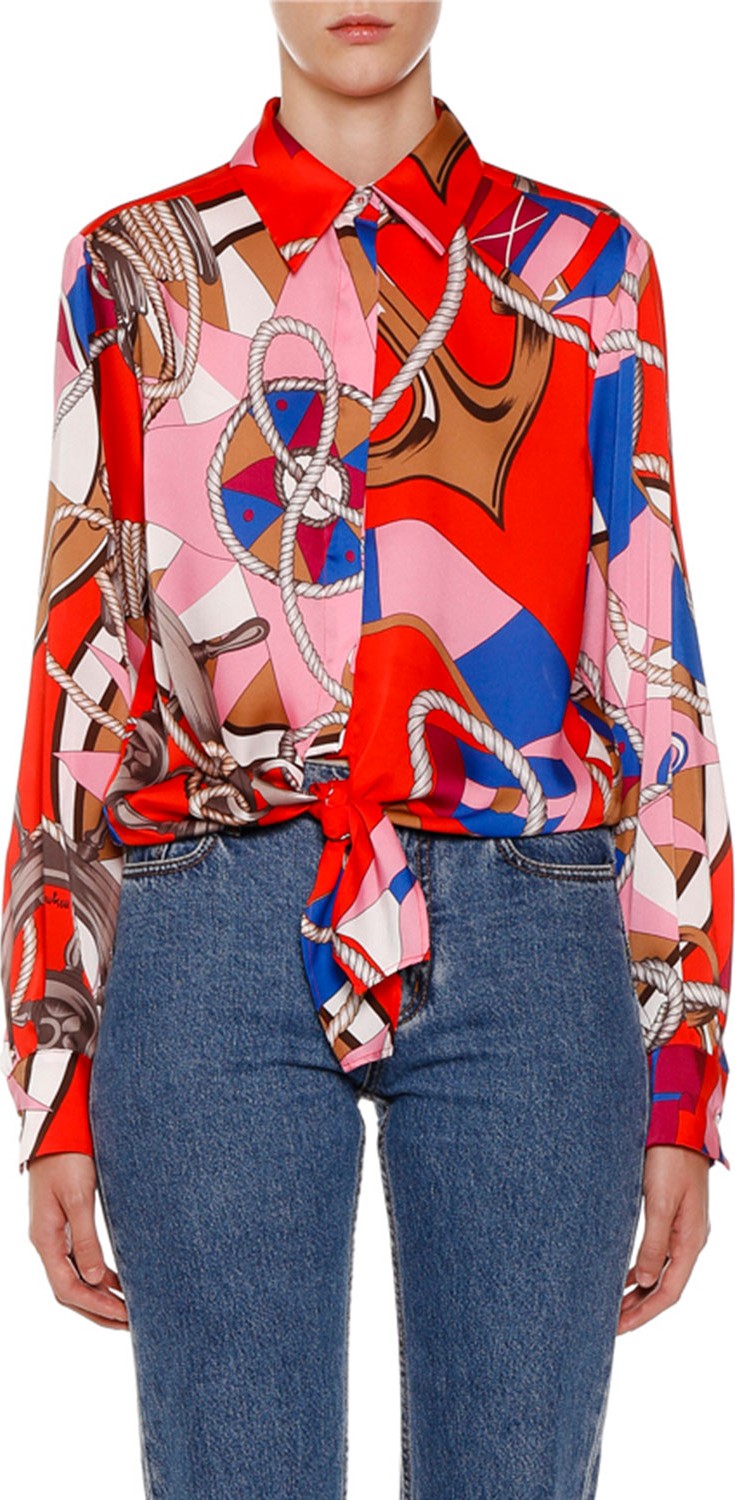 MSGM Abstract-Print Button-Down Long-Sleeve Shirt w/ Tie-Hem