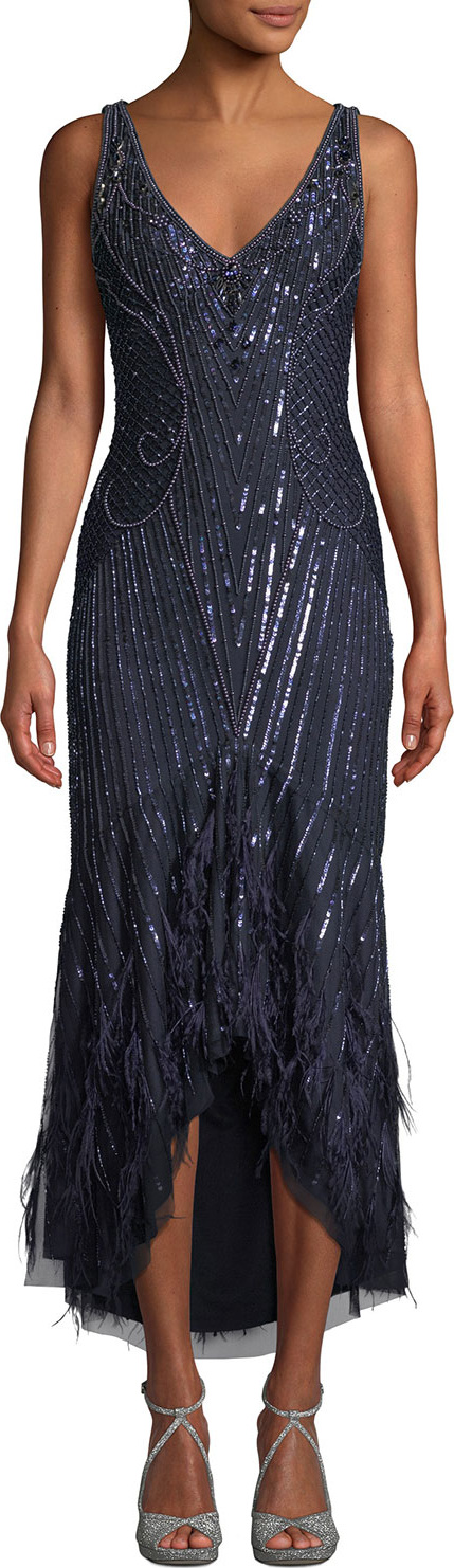 Parker Sydney Beaded High-Low Gown Dress w/ Feather Hem