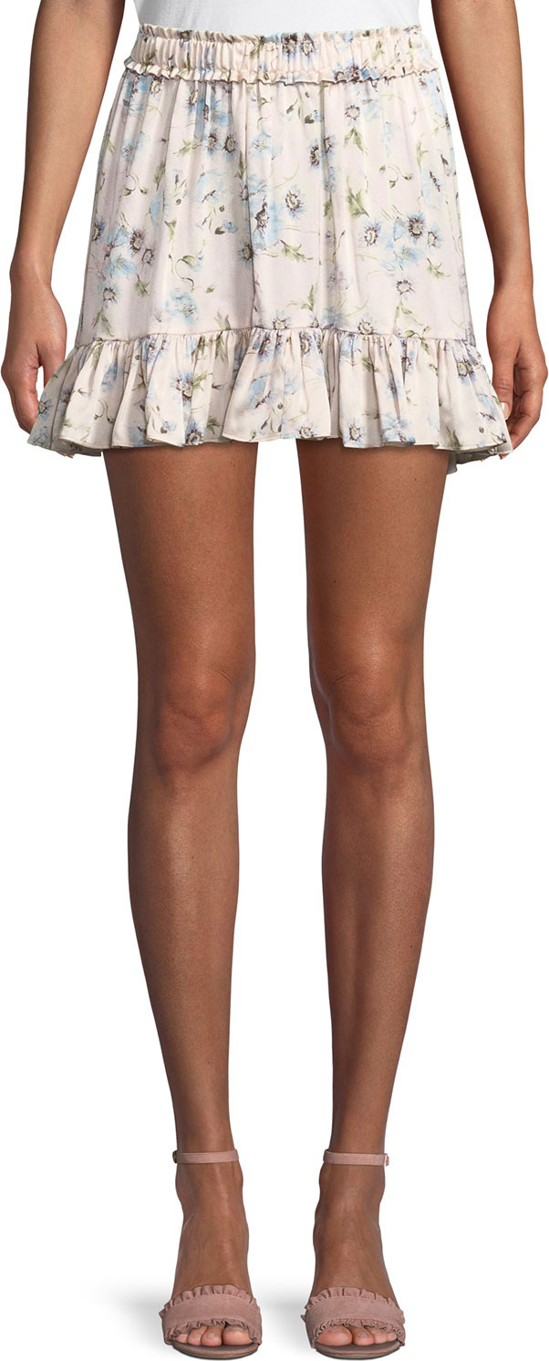 LOVESHACKFANCY Carlotta Poppy-Print Silk Charmeuse Flounce Mini Skirt