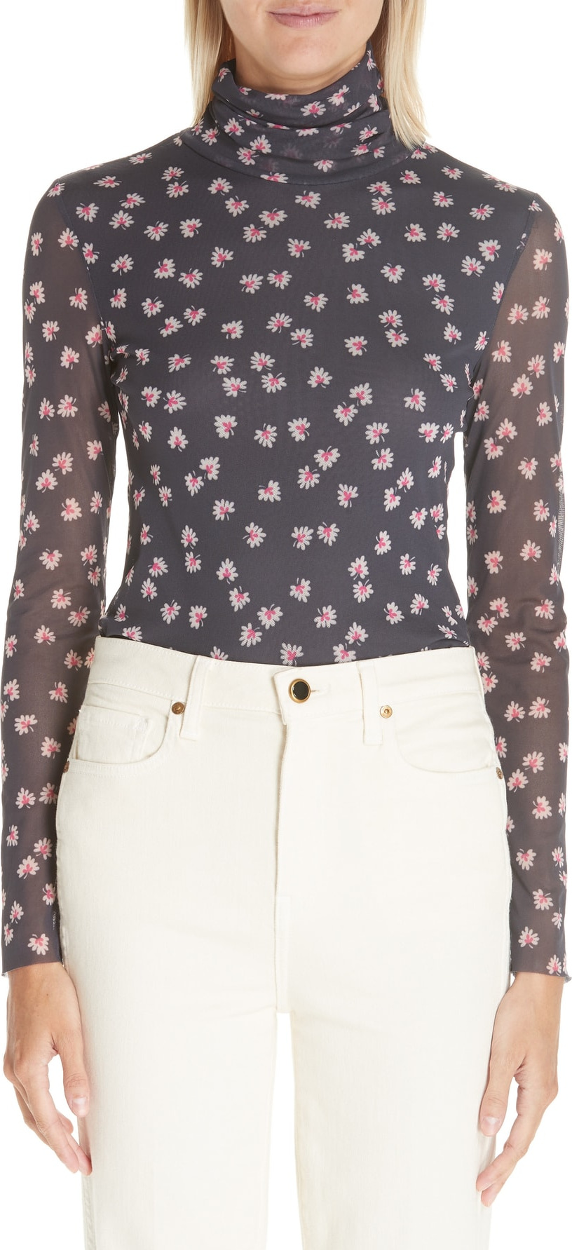 Ganni Floral Print Mesh Turtleneck