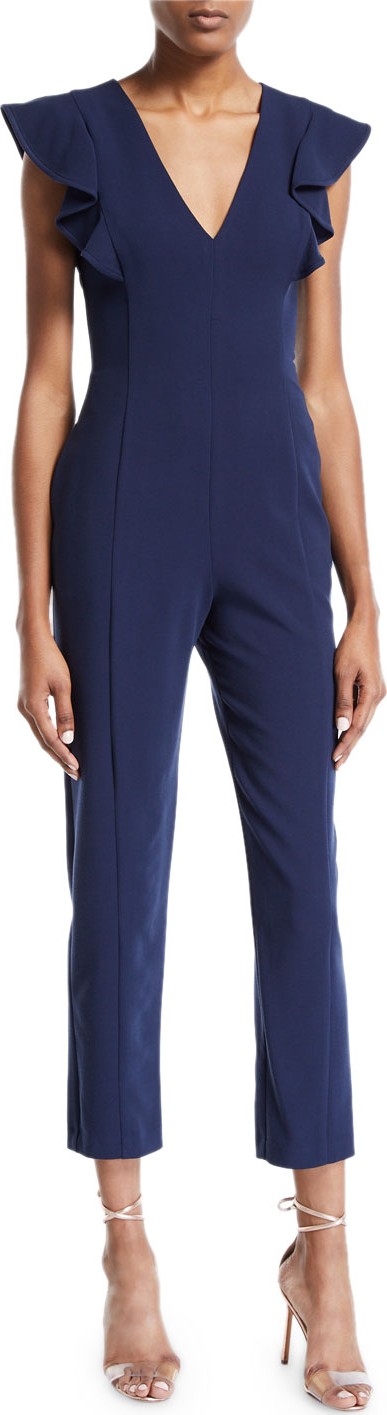 Black Halo Deklyn Cropped Straight-Leg Jumpsuit w/ Flutter-Sleeves