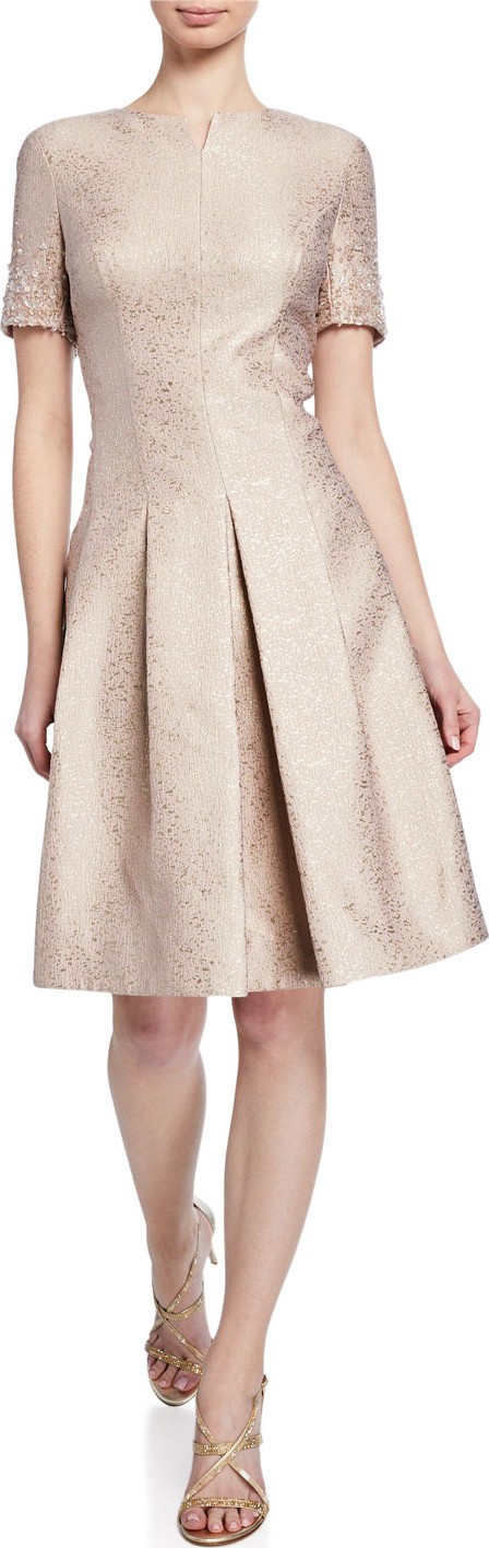 Rickie Freeman for Teri Jon Metallic Jacquard Short-Sleeve Dress with Crystal Trim