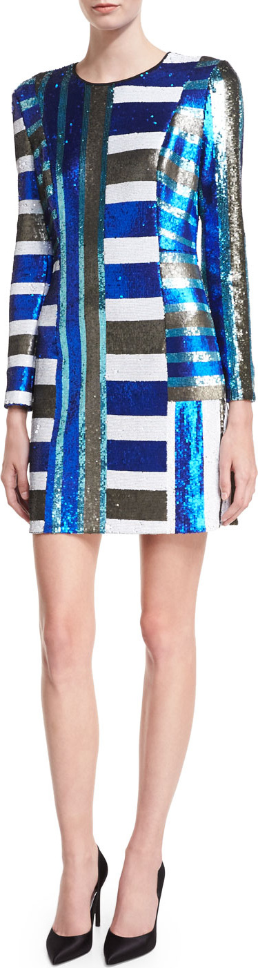 DIANE von FURSTENBERG Long-Sleeve Crewneck Sequin Mini Cocktail Dress