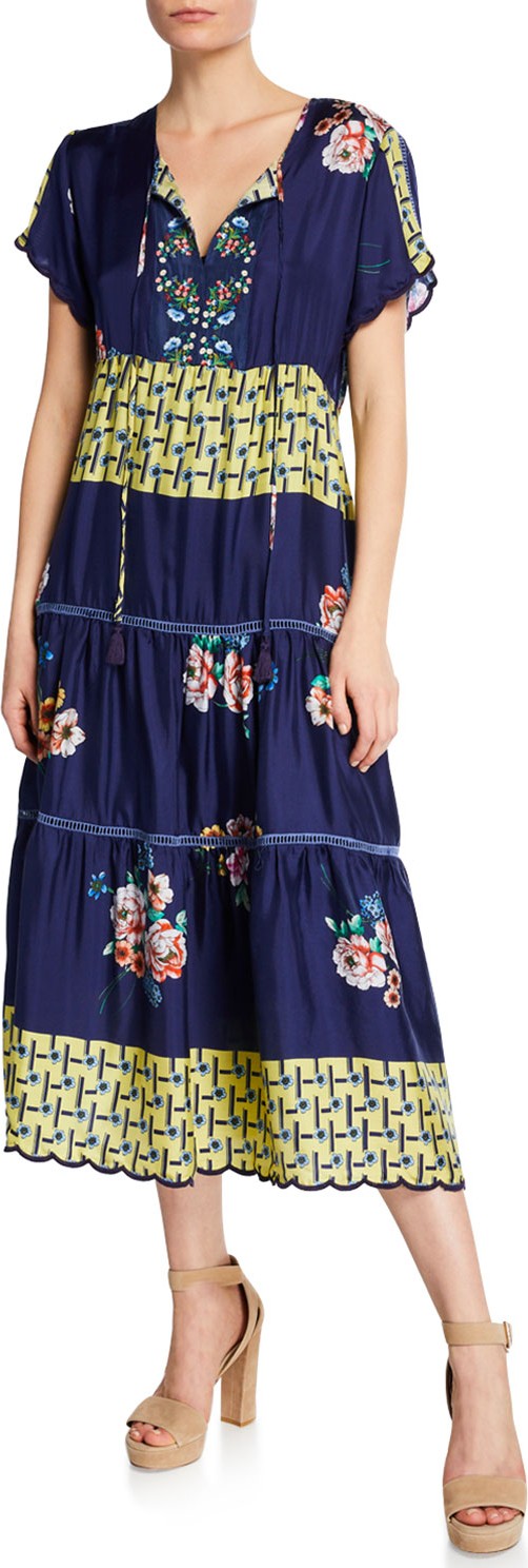 Johnny Was Zakina Tie-Neck Short-Sleeve Floral Tiered Silk Dress