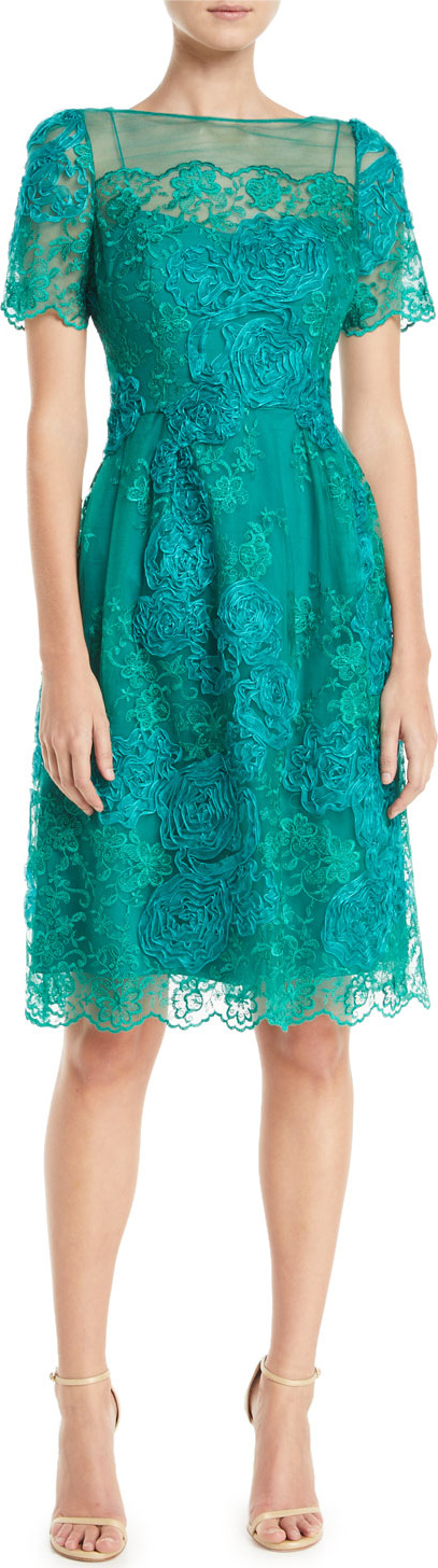 Rickie Freeman for Teri Jon Short-Sleeve Dress w/ Floral Embroidery