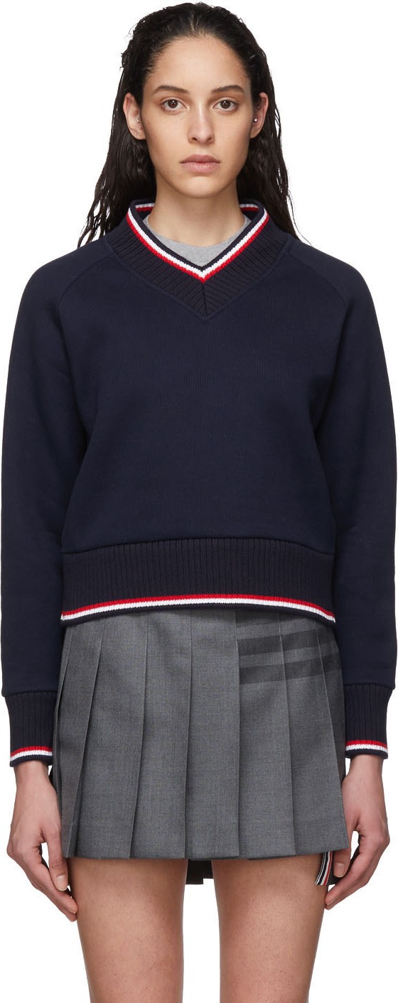 Thom Browne Navy University V-Neck Sweater