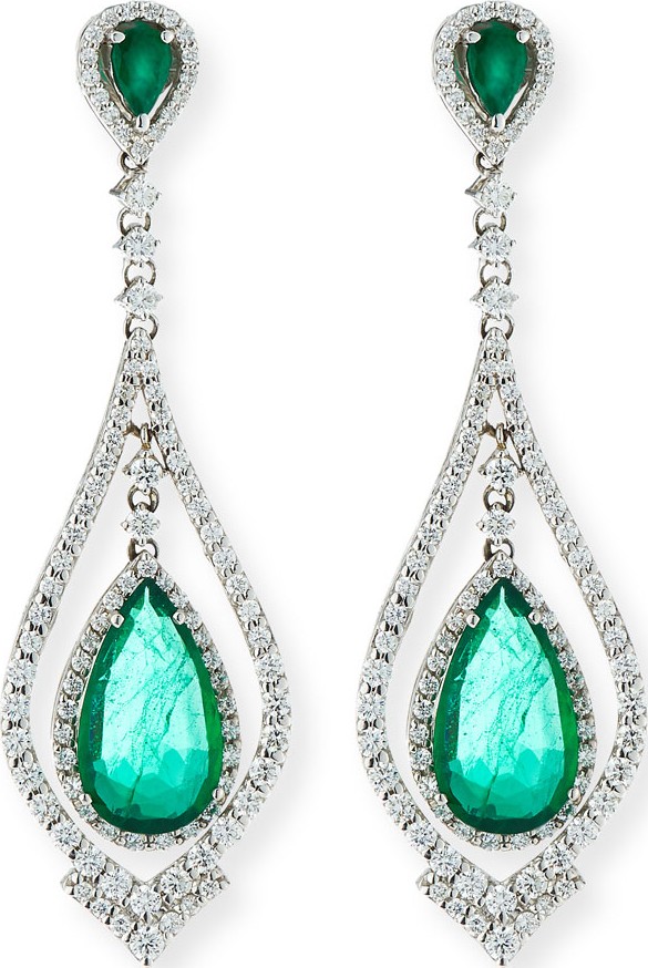 Andreoli 18k White Gold Emerald & Diamond Pear Earrings