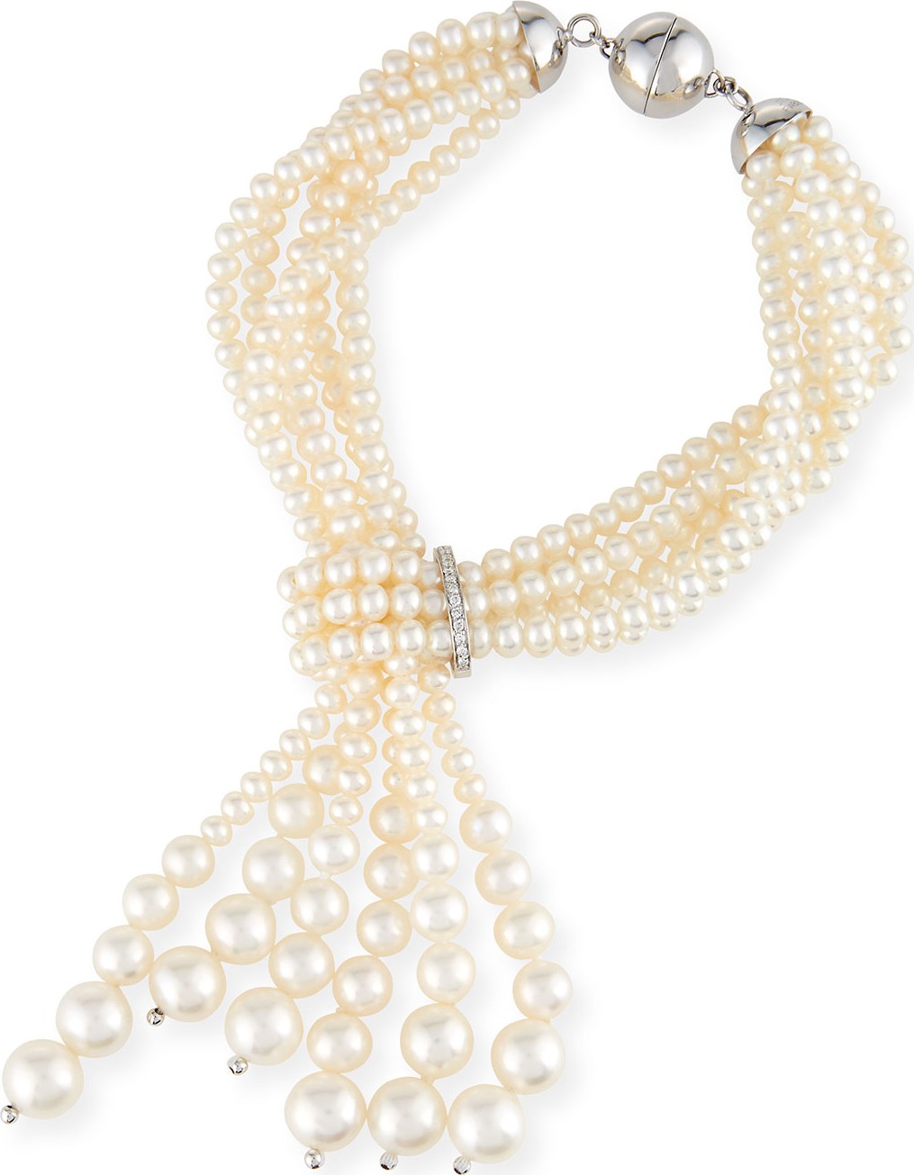 Utopia Multi-Strand Pearl Tassel Bracelet with Diamonds
