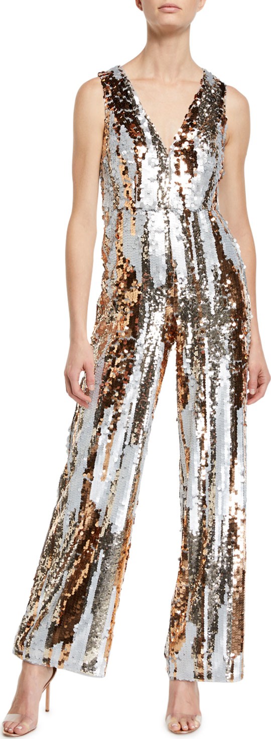 Aidan by Aidan Mattox Sequin Striped V-Neck Jumpsuit