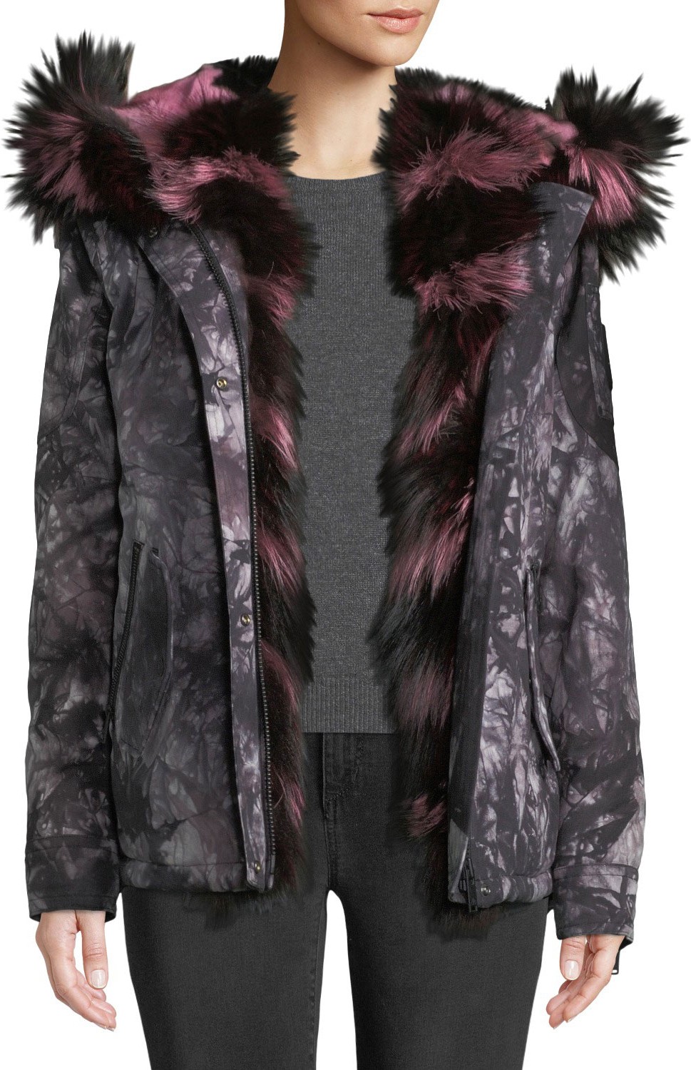 Moose Knuckles Riviere Du-Loup Printed Jacket w/ Hood & Fur Trim