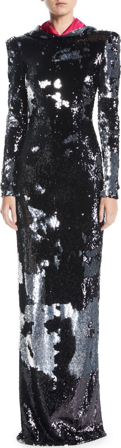 Naeem Khan Long-Sleeve Sequined Metallic Column Evening Gown w/ Removable Hood