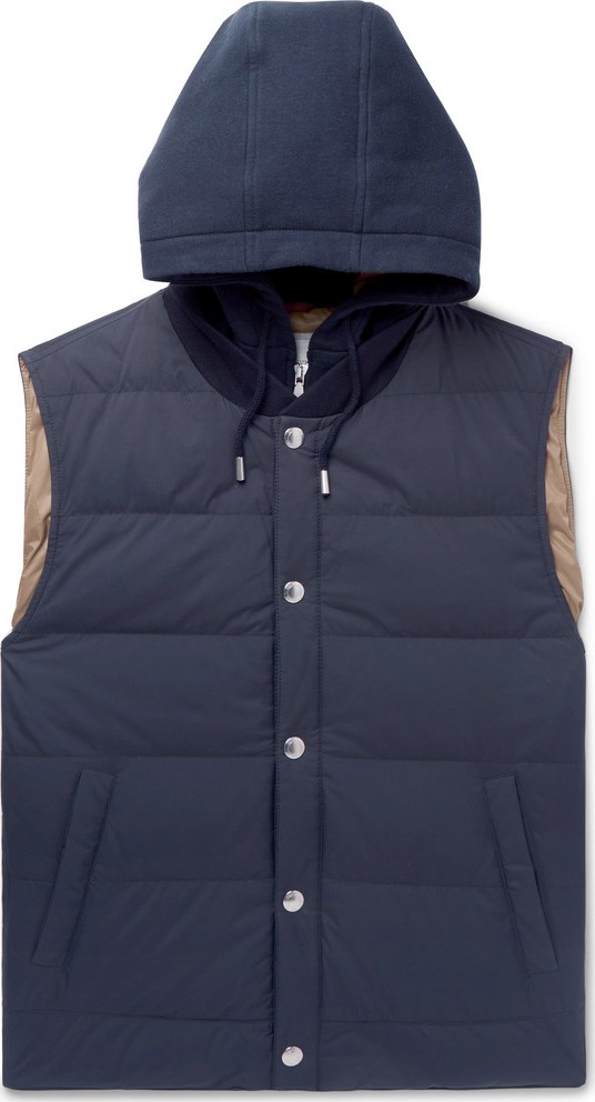 Brunello Cucinelli Layered Quilted Shell and Stretch-Cotton Jersey Hooded Down Gilet