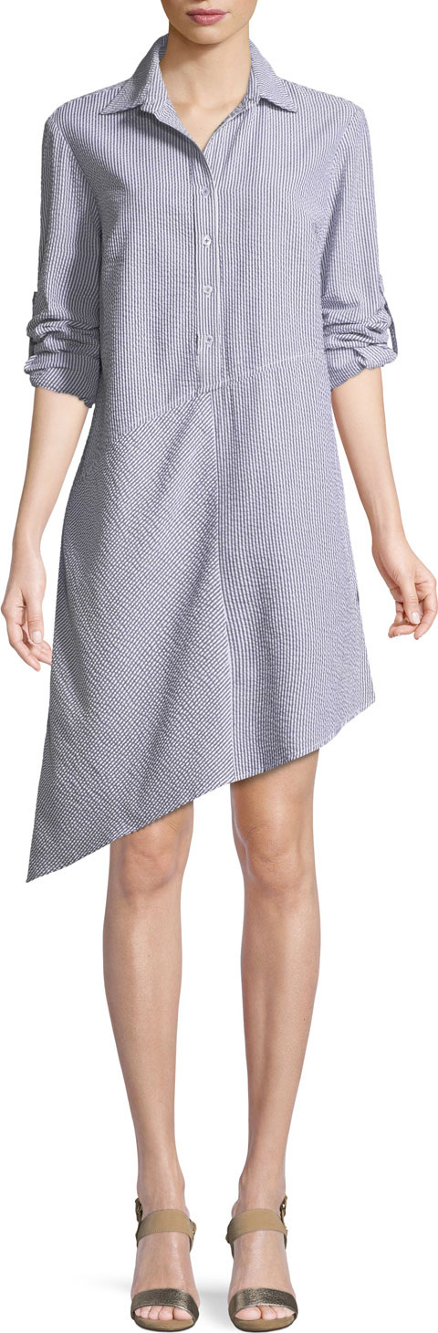 Finley Collared Striped Seersucker Asymmetric Shirtdress