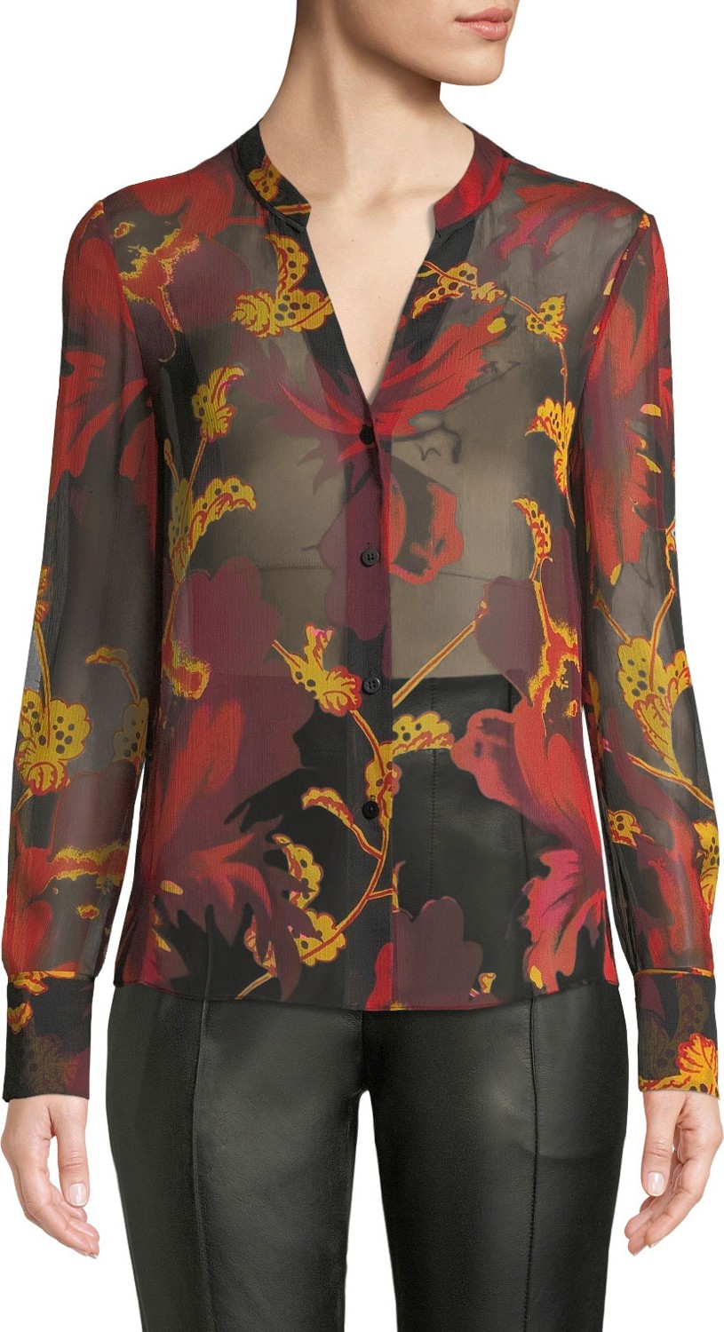 DIANE von FURSTENBERG Karen Sheer Silk Floral Button-Down Top