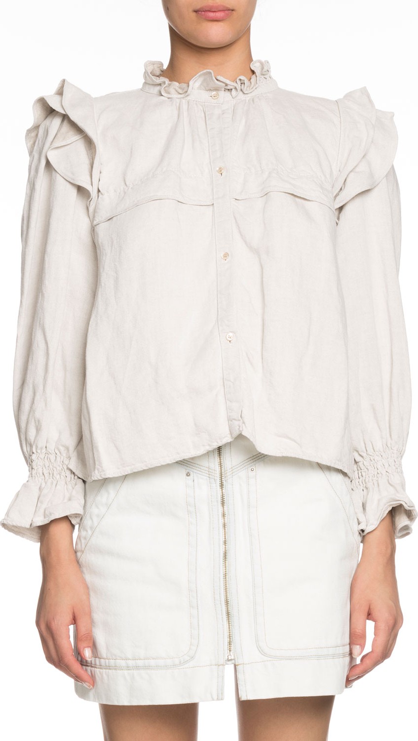 Isabel Marant Etoile Tedy Linen High-Neck Ruffle Top