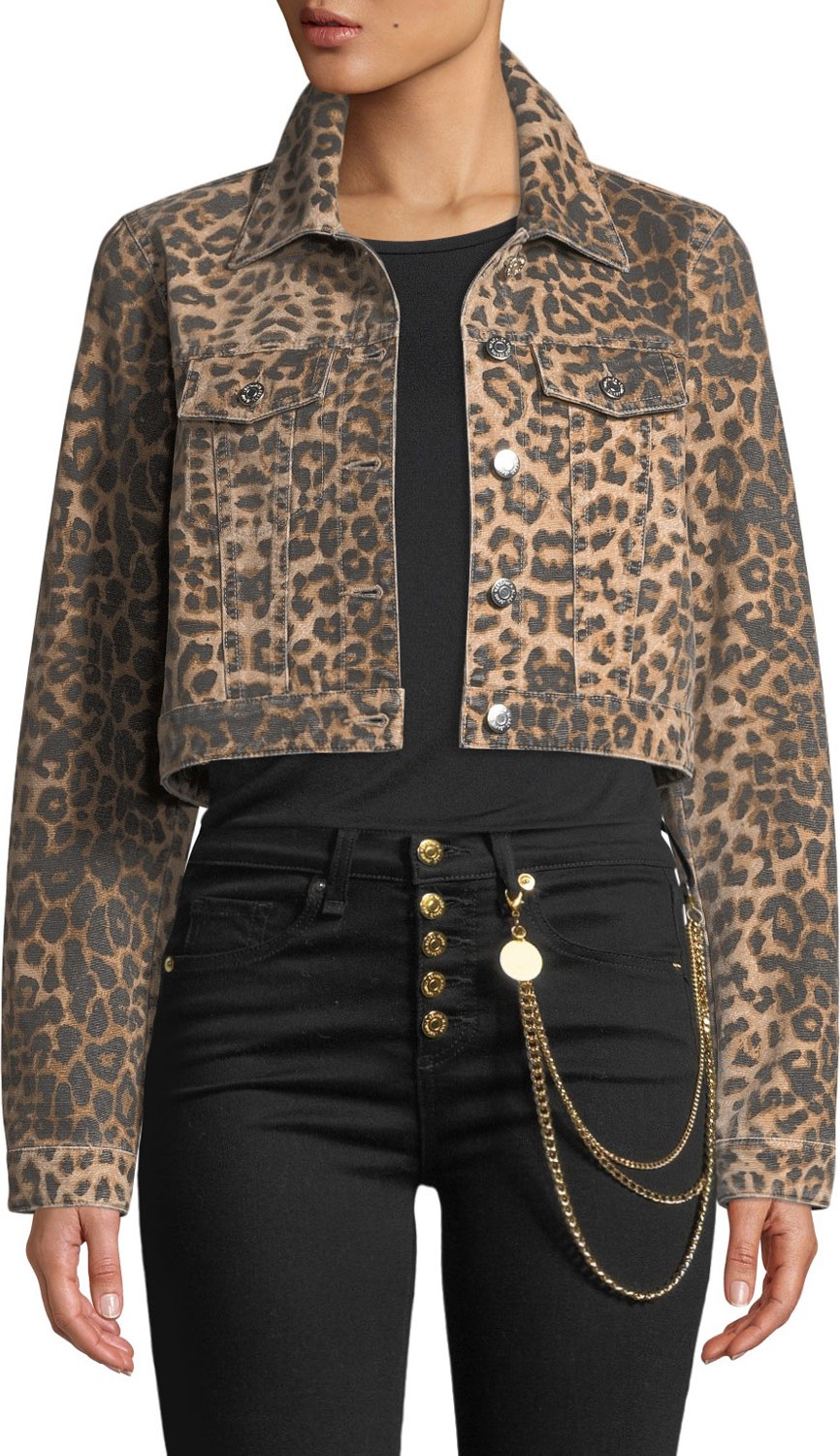 Veronica Beard Cara Leopard-Print Cropped Jean Jacket